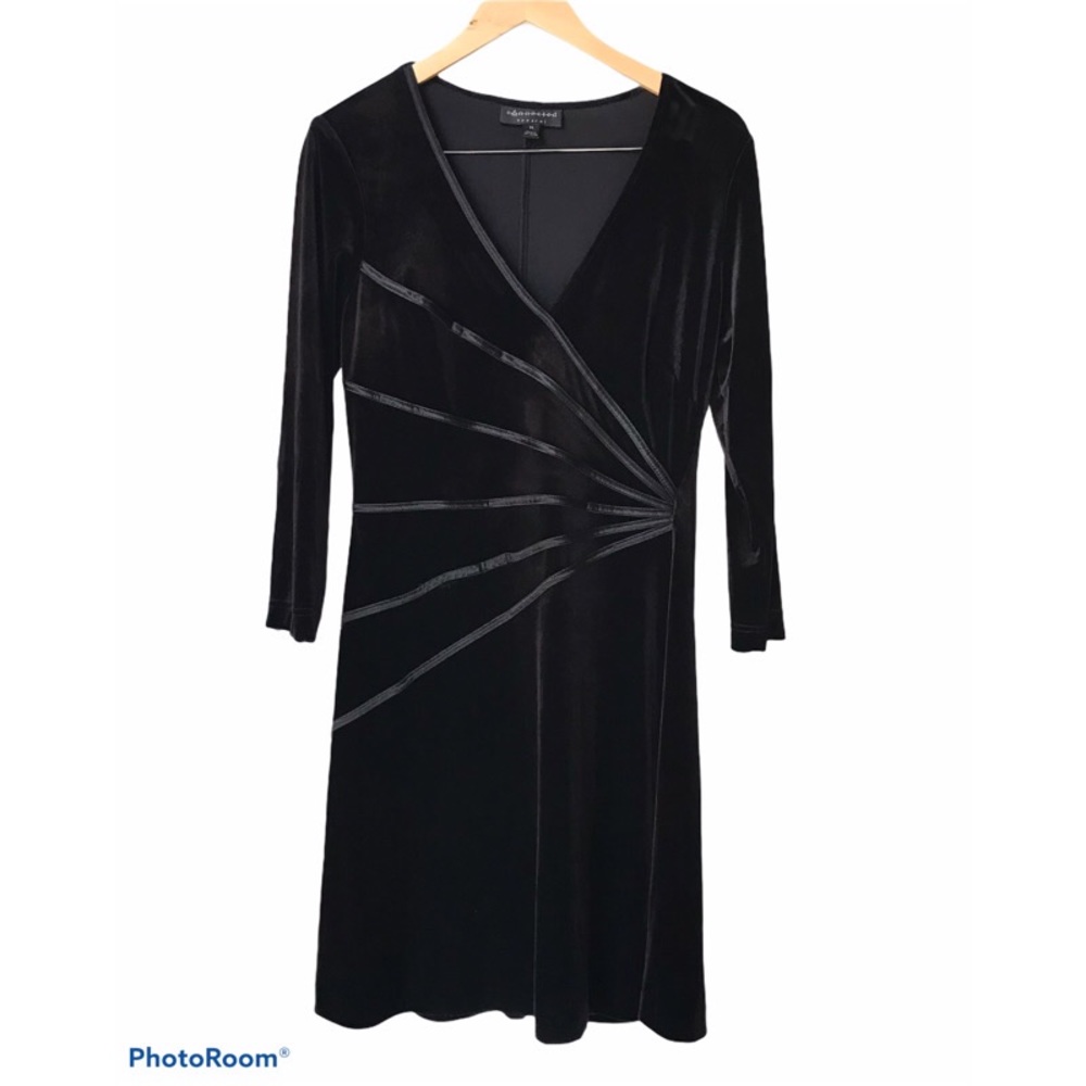 Connected Apparel Black Velvet Faux Wrap Dress